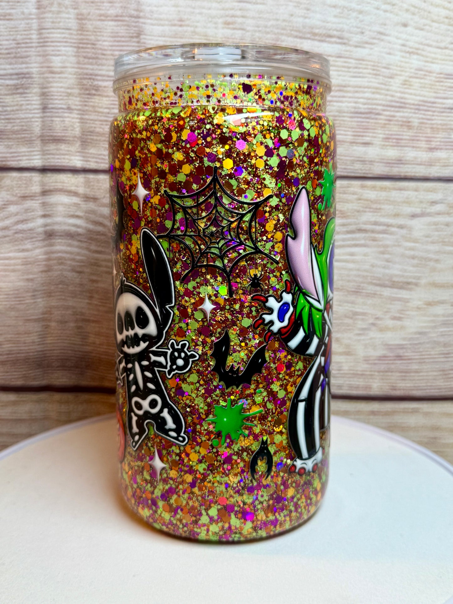 Beetle juice Stitch snow globe tumbler