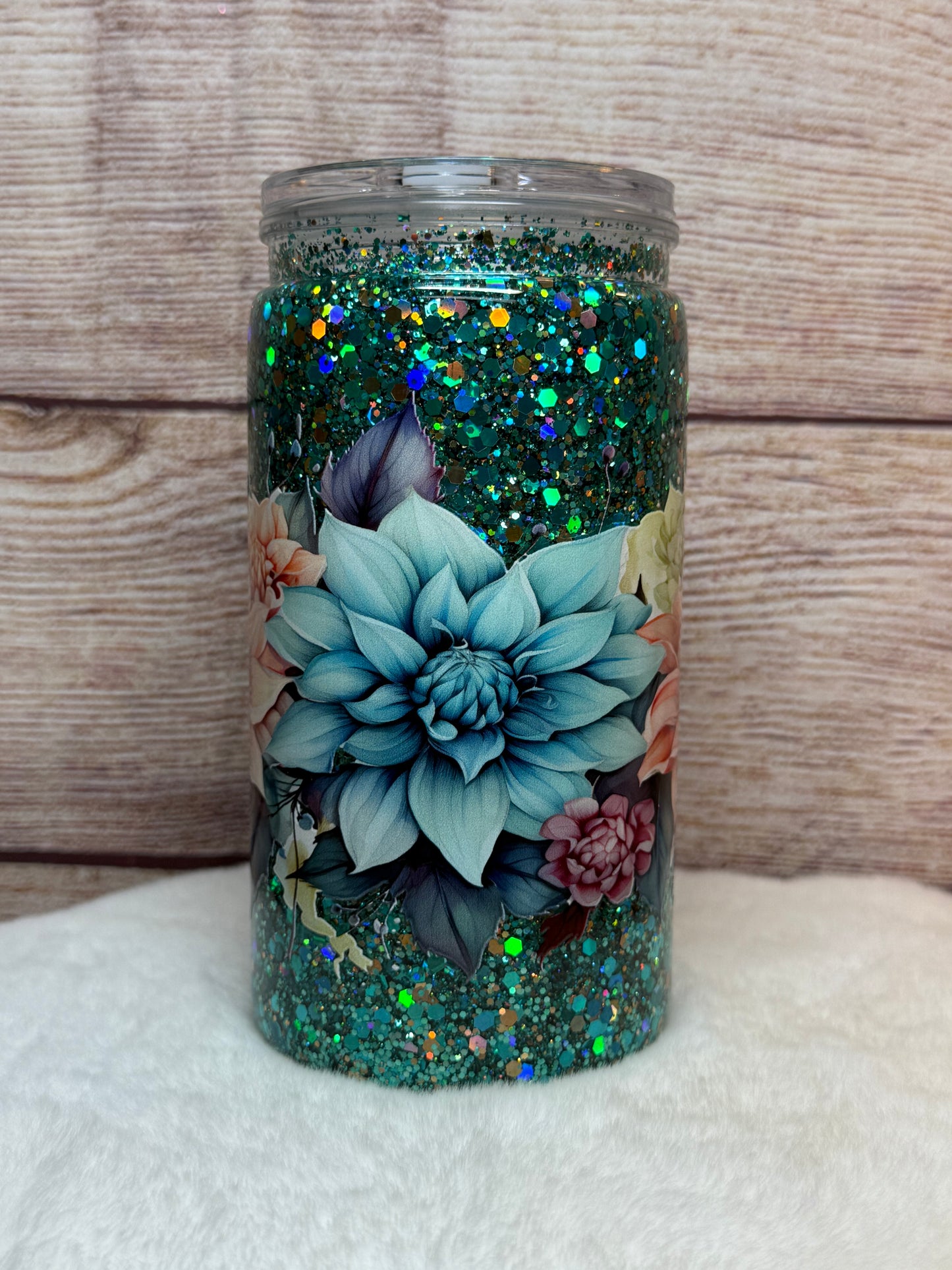 Pink and Teal Flowers Snow Globe Tumbler