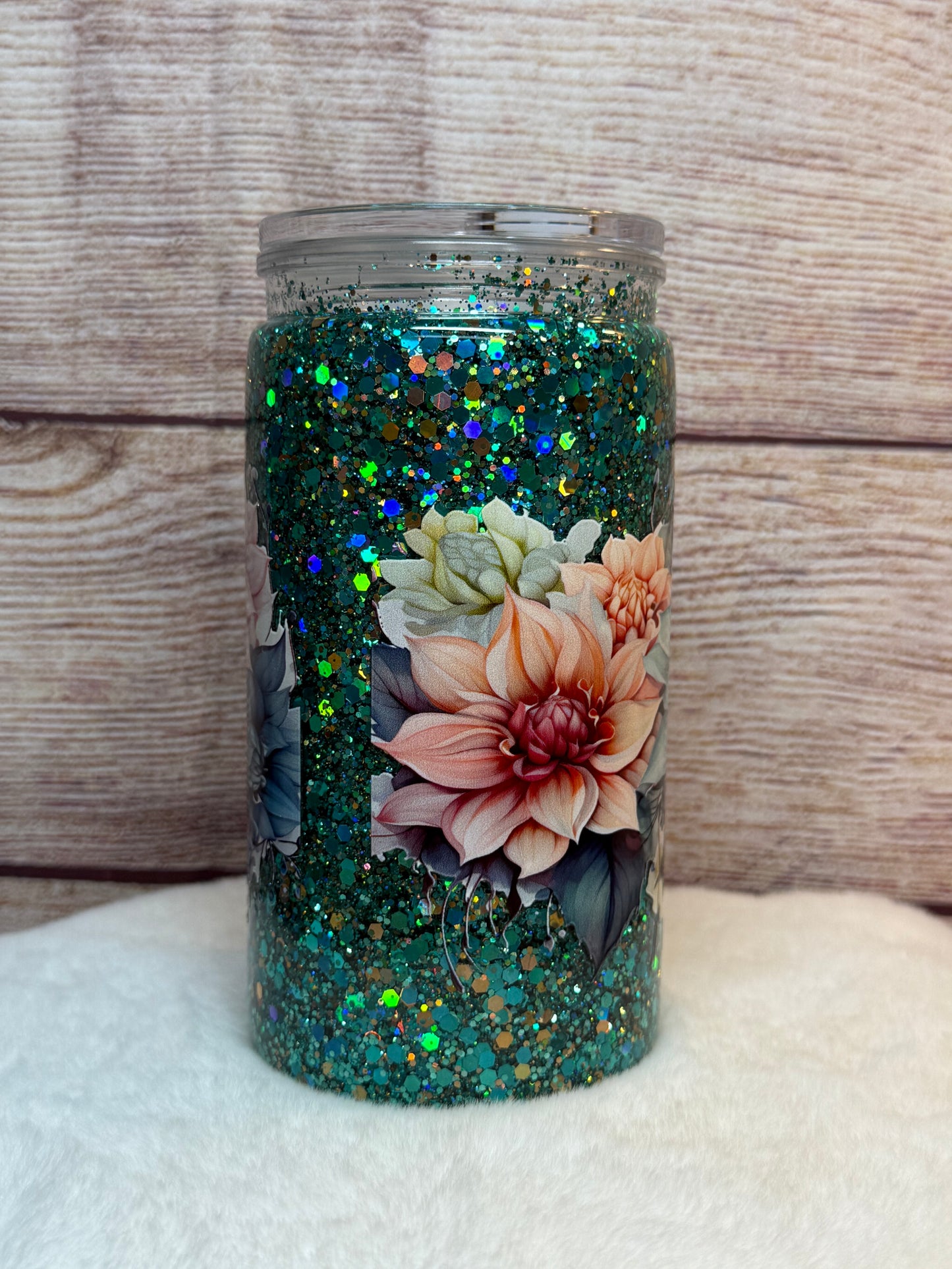 Pink and Teal Flowers Snow Globe Tumbler