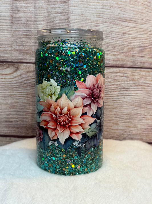 Pink and Teal Flowers Snow Globe Tumbler